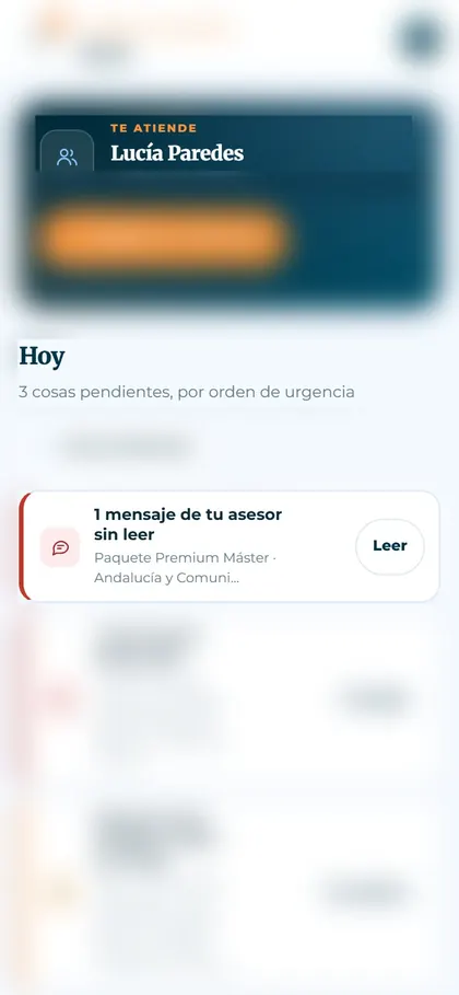 Inicio del portal del asesorado, con los datos desenfocados