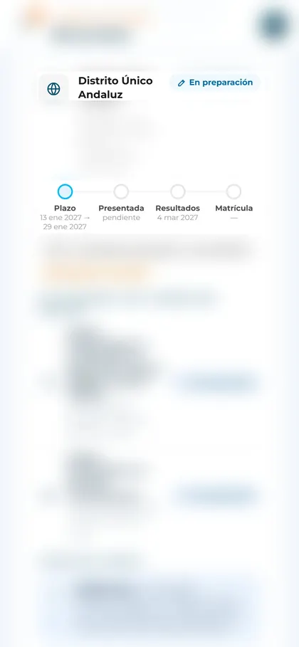 Línea de tiempo de una postulación, con los datos desenfocados